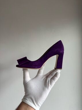 Miu Miu Purple Suede bow Peep-Toe Block Heel Pump
